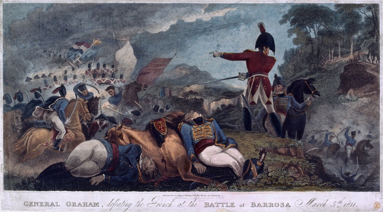 General Graham beseiret franskmennene i slaget ved Barrosa, gravert av J. Edwards, utgitt av Almanack Stationers, 1812 av W. Hal Brooke