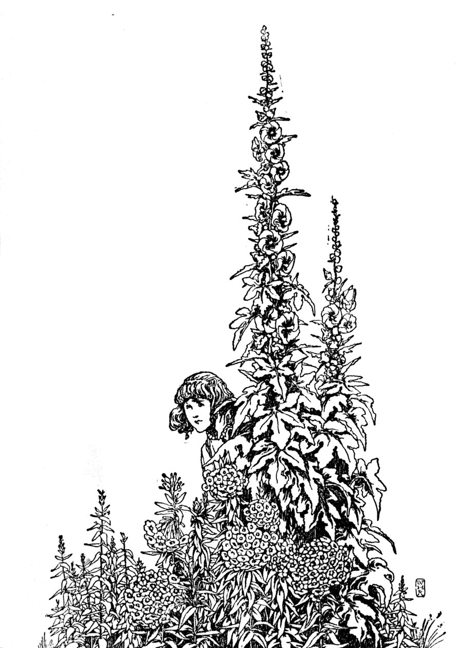 Gerda kjente hver blomst i hagen, c1930 av William Heath Robinson