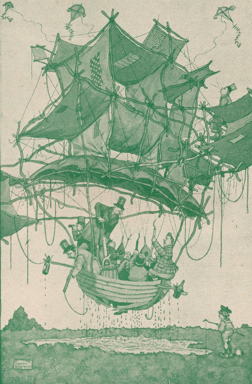 En ganske tidlig type vannfly som foretar en prøveflyvning fra Hampstead Ponds, c1918 1919 av William Heath Robinson