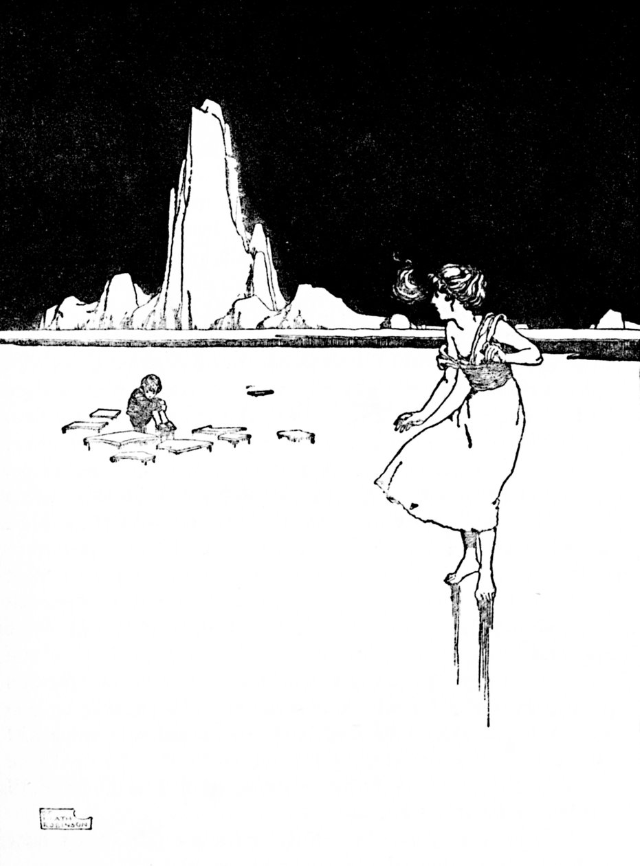 Hun gikk inn i den store, kalde, tomme hallen, c1930 av William Heath Robinson