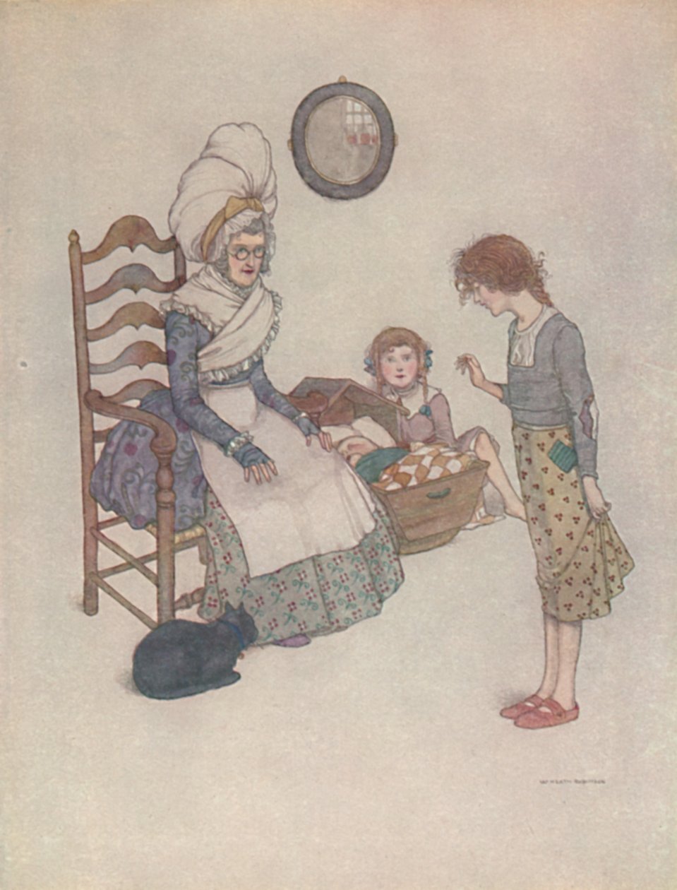 Hun satte seg ned en dag og laget et par små sko av noen røde stykker, c1930 av William Heath Robinson