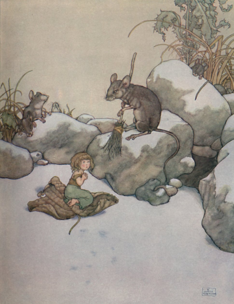 Hun sto ved døren og ba om et stykke bygg-mais, c1930 av William Heath Robinson
