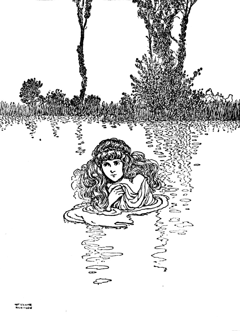 Så Elise tok av seg klærne og gikk ut i vannet, c1930 av William Heath Robinson
