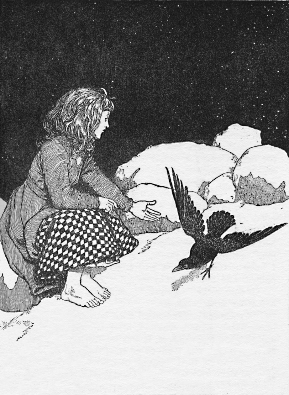 Plutselig hoppet en stor ravn på snøen foran henne, ca 1930 av William Heath Robinson