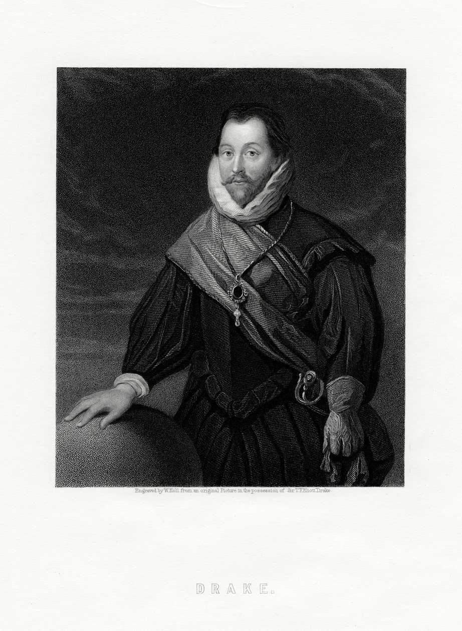 Sir Francis Drake , engelsk kaper, navigatør, marinepioner, politiker, 1800-tallet av W. Holl
