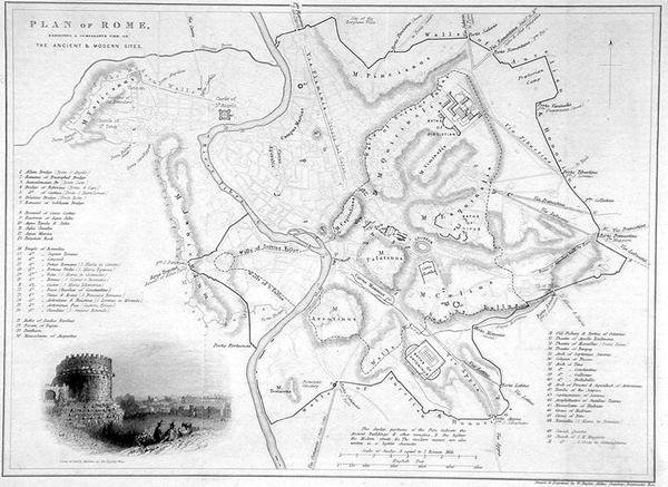 Roma, Italia: Sammenlignende kart over eldgamle og moderne steder, ca. 1850 (gravering) av W Hughes