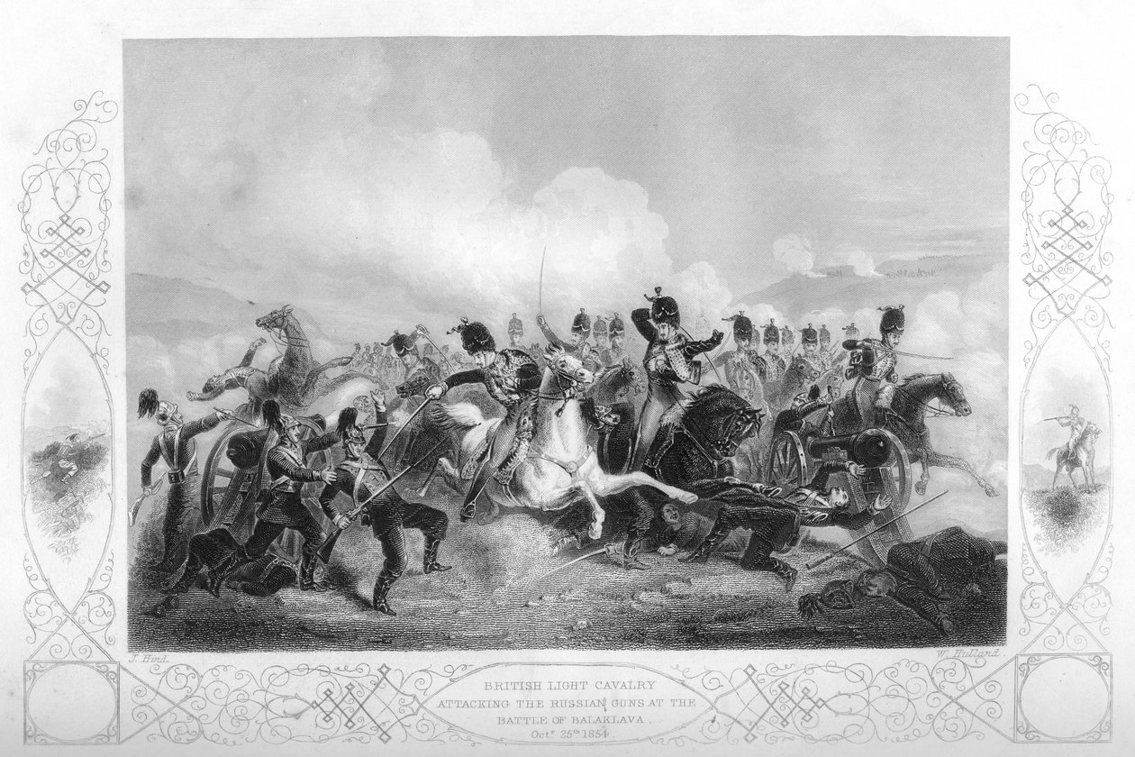 Lett kavaleri angriper de russiske kanonene ved Balaclava under Krim-krigen, 1854 1857. av W. Hulland