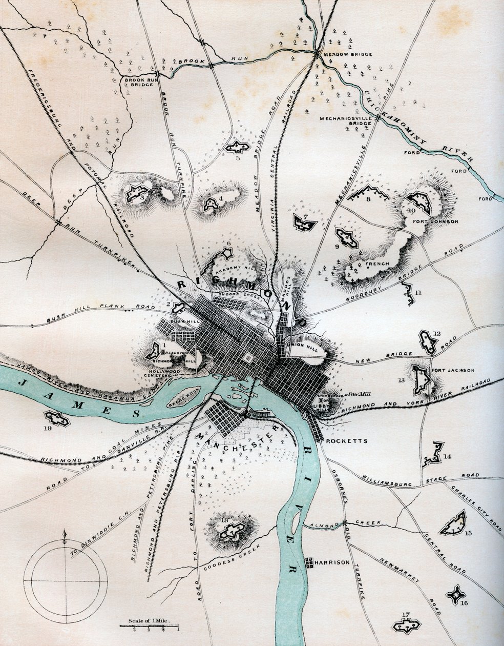 Et kart over Richmond og dens nærhet som viser alle batterier, 1862-1867. av W Kemble