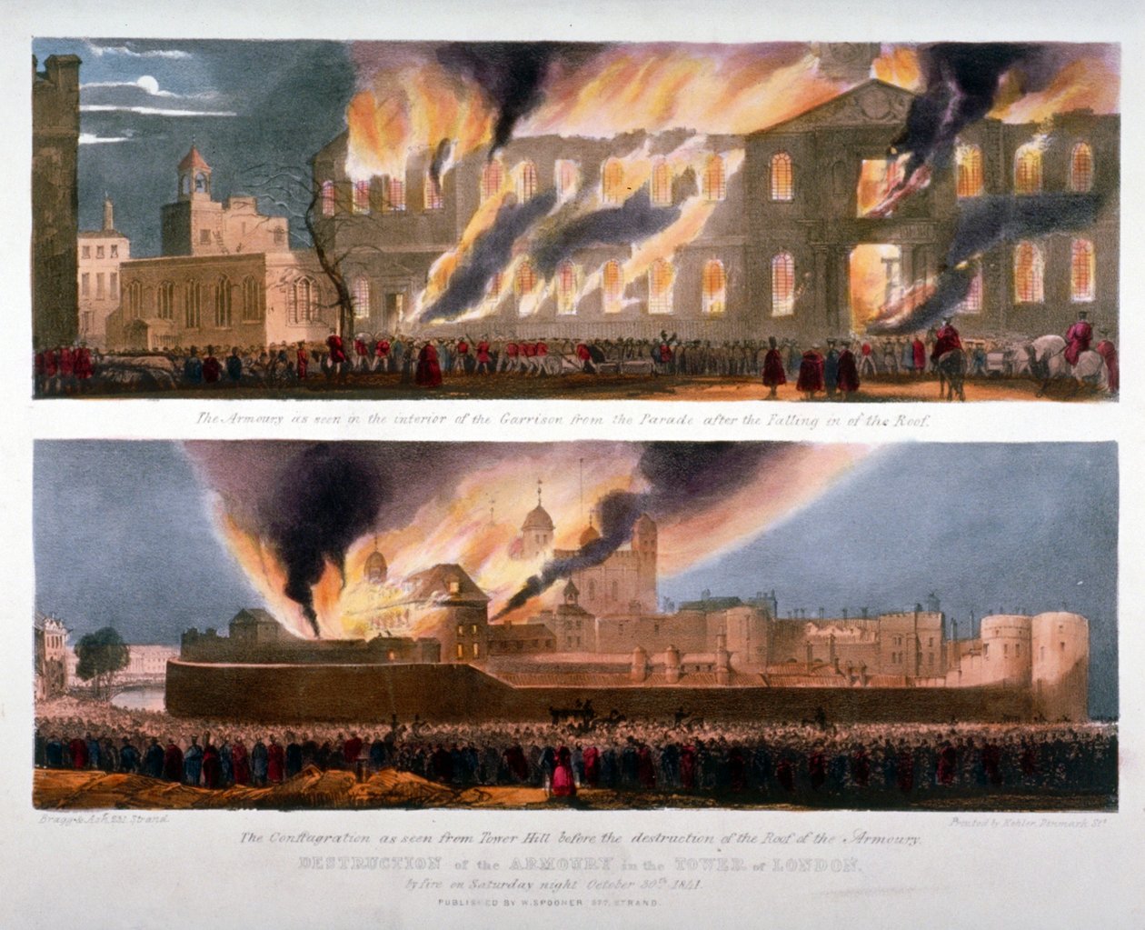 To visninger av ødeleggelsen av Armory i Tower of London ved brann, 30. oktober 1841 av W Kohler and Co