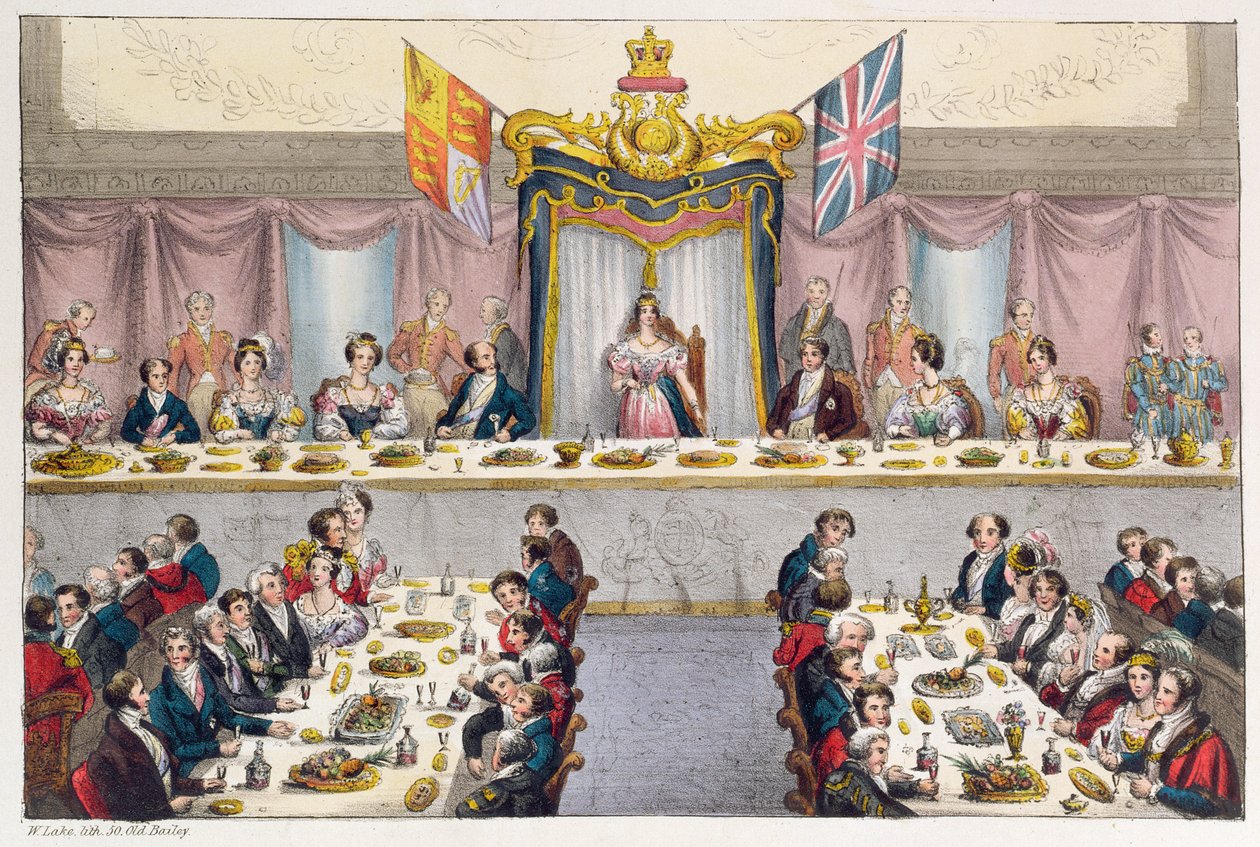 Dronning Victoria (1819-1901) drikker helsen til innbyggerne i London på Guildhall-banketten, 1837 av W. Lake