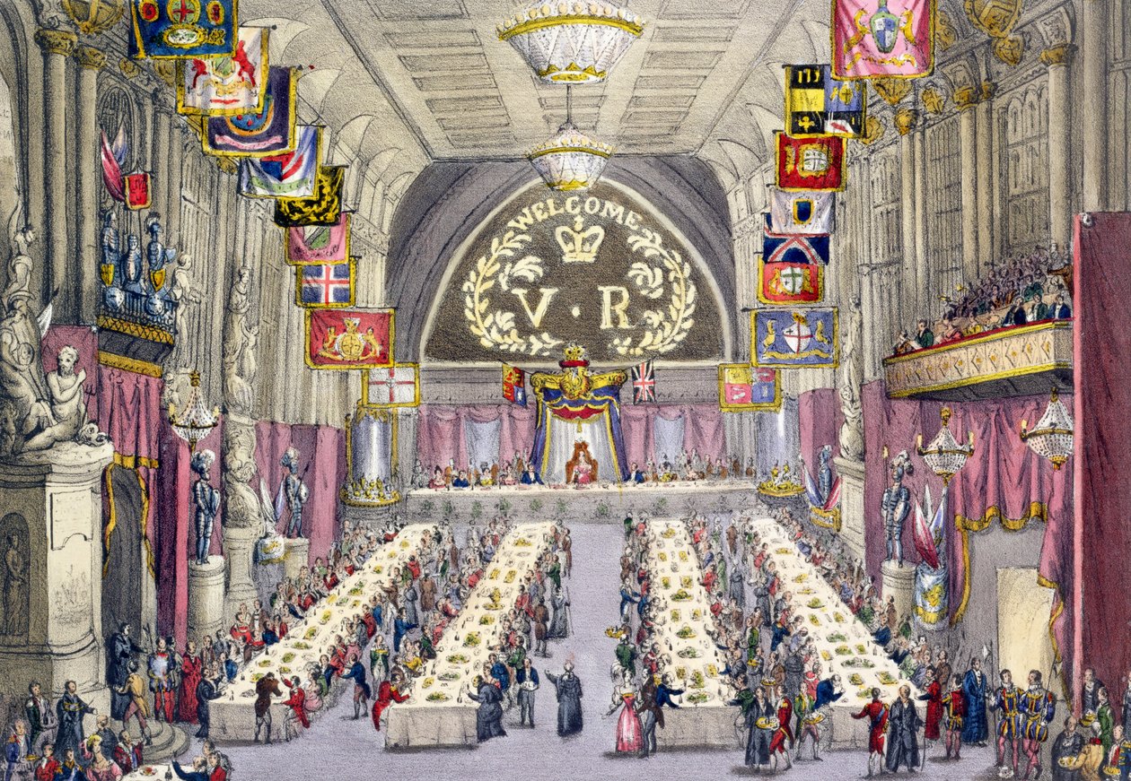 The Common Crier proklamerer en skål for helse til dronning Victoria ved en bankett holdt i Guildhall, 1837 av W. Lake