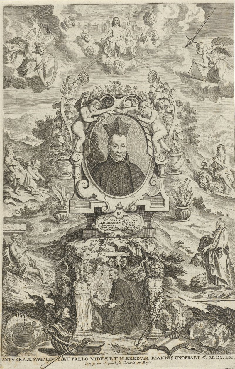 Portrett av Jeremias Drexel Tittelside for: JE. Drexel, De sonne-bloeme oft Vande over-a-cominge van den menscheliicken wille met de[n] godtliicke[n], 1660 av W Merel van