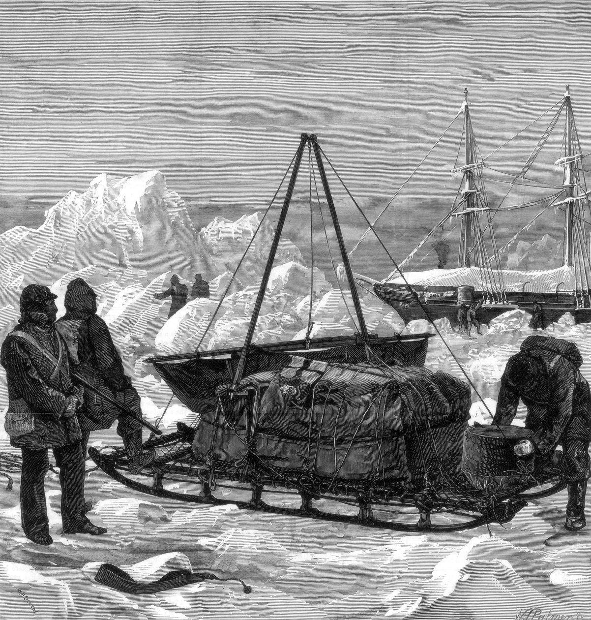 Forbereder seg på å starte på en sledetur i Arktis, 1875. av W. Palmer