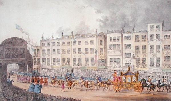 Utsikt over Temple Bar under Dronning Victorias besøk i London i 1837 av W. R. Browne