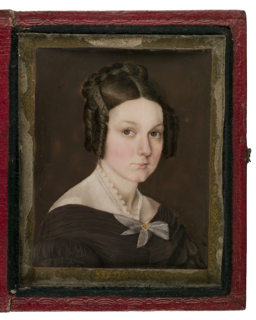 Miniatyrportrett av Sally Ann Gage, ca. 1837 (wc på elfenben, lær, kobberlegering og glass) av W. R. Herve
