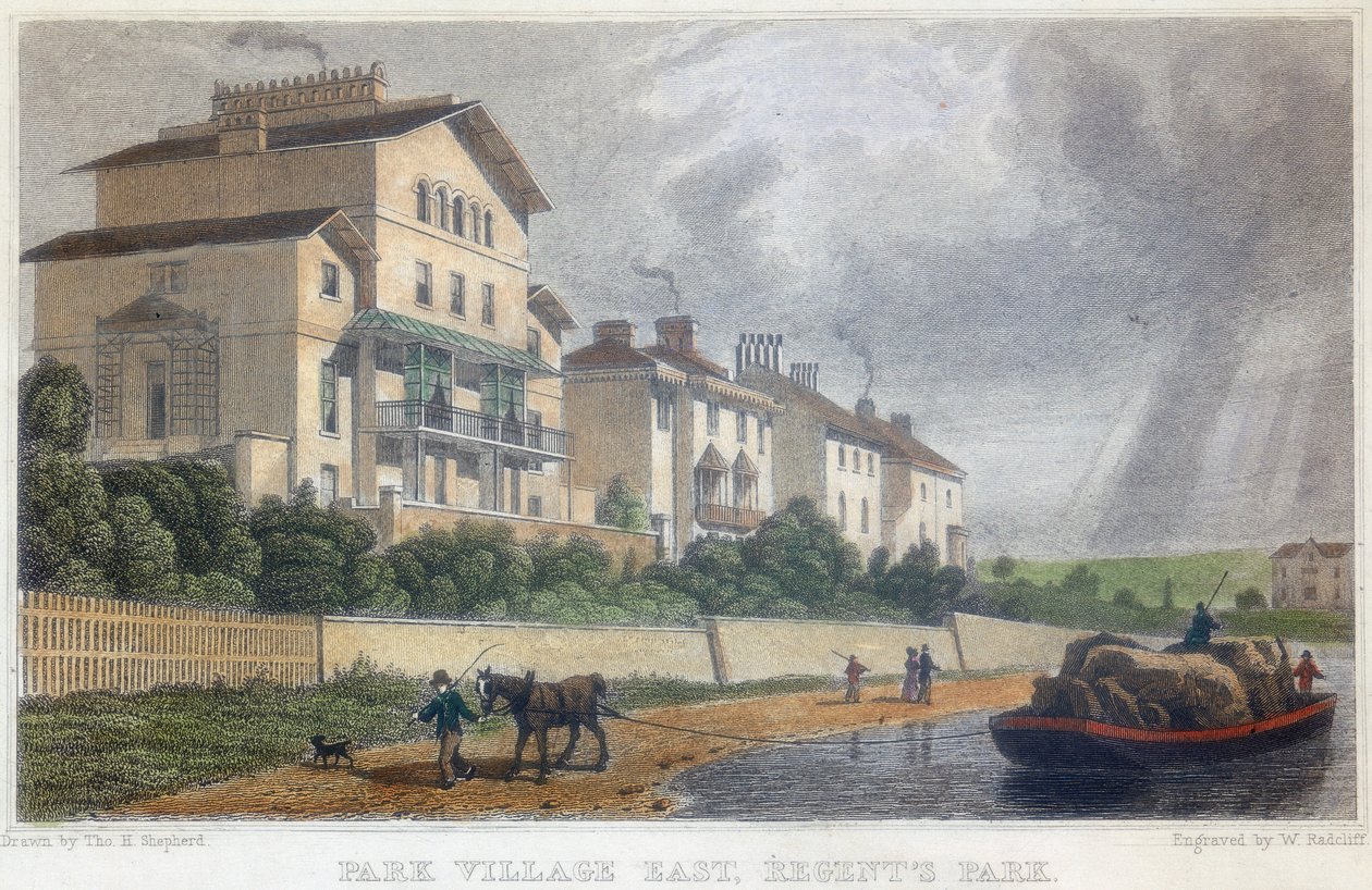Hest som drar en lekter på Regent's Canal ved Park Village East, London, 1829 av W Radcliff