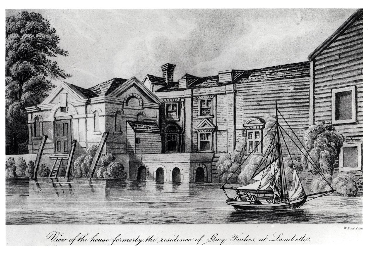 Utsikt over huset som tidligere var residensen til Guy Fawkes i Lambeth, ca. 1850 (akvatint) av W. Read