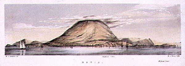 Utsikt over Charlestown på øya Nevis, Vest-India, gravert av Henry C. Trery (fl.1849-54), ca. 1849 (farget lito) av W. S. (after) Andrews
