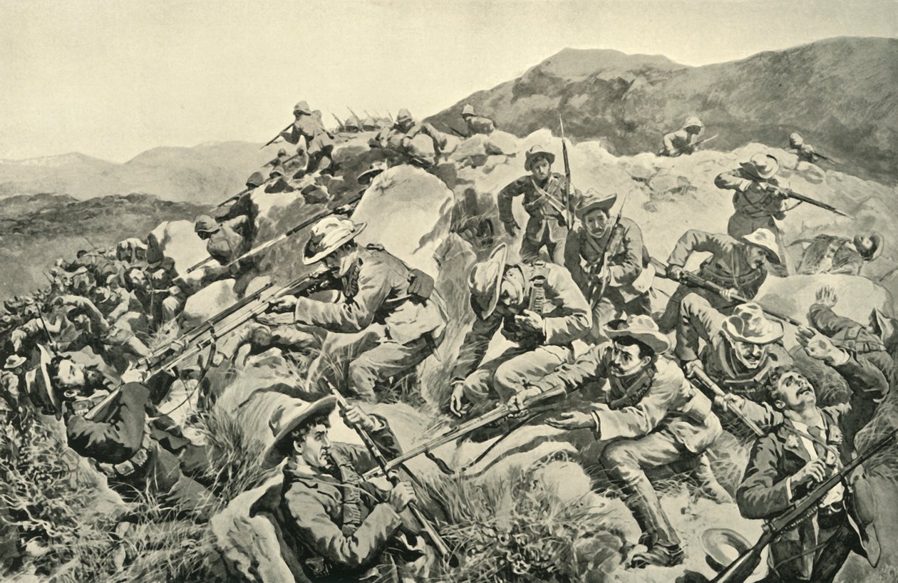 'Med General French: New Zealanders Saving a Picket of the Yorkshire Regiment', 1900. av W Small
