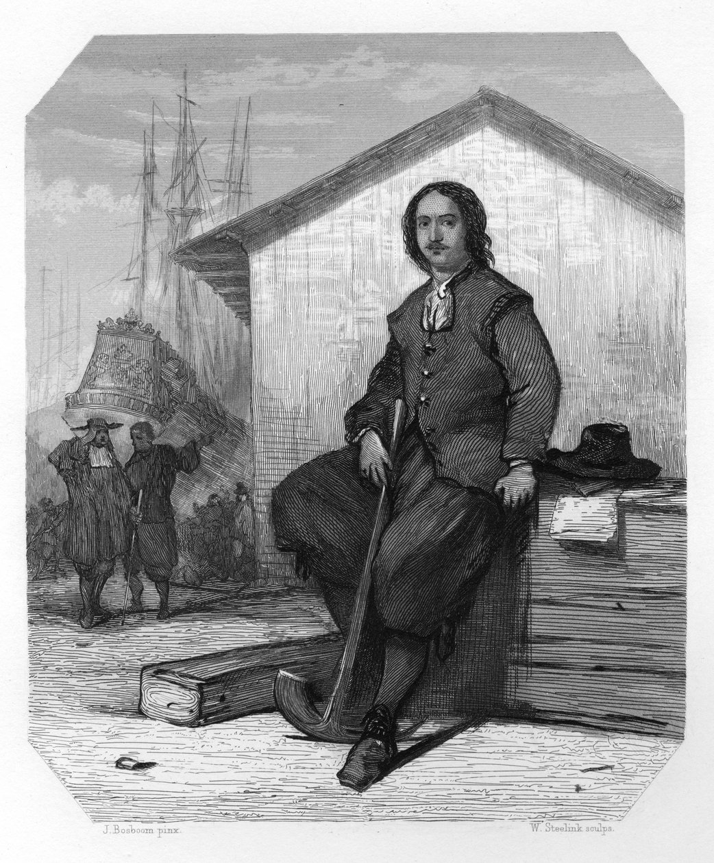 Tsar Peter I fra Russland arbeider på en østindiamann, Amsterdam dokker, Nederland, 1697 c1870. av W. Steelink