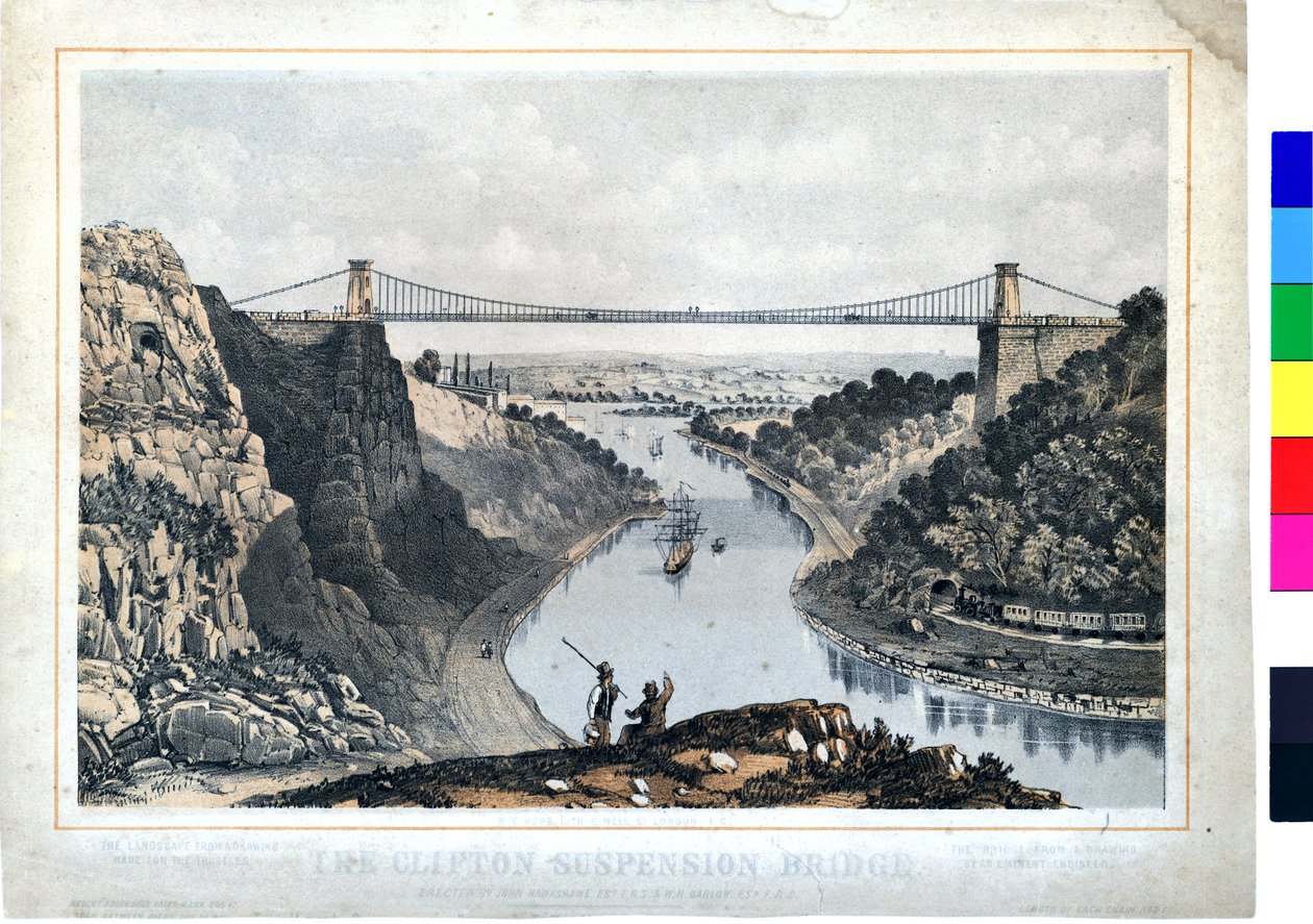 Clifton hengebro, ca. 1864 (håndkolorert lito på papir) av W. T. Webb