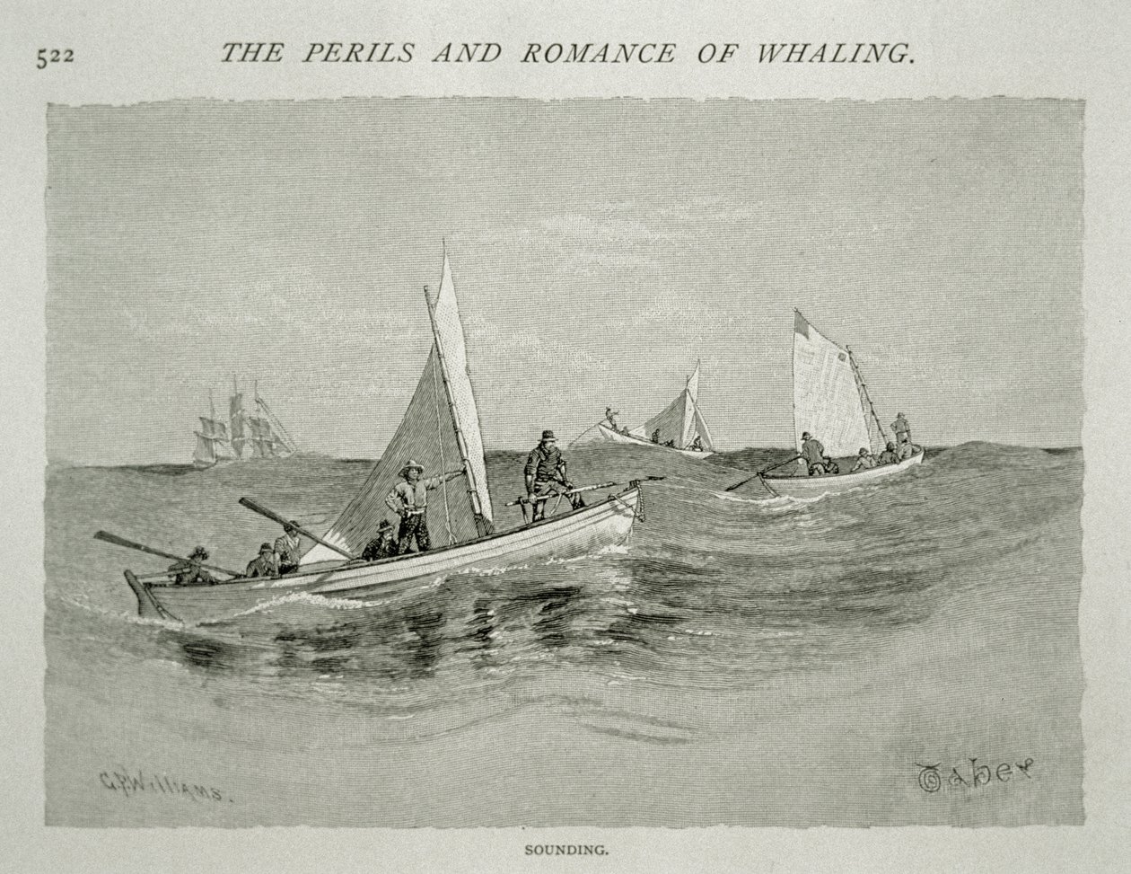 'Sounding' (småbåtmannskaper med håndharpuner gjør klar for jakten), for 'The Perils and Romance of Whaling' i Century Magazine, juni 1890 (gravering) av W. Taber