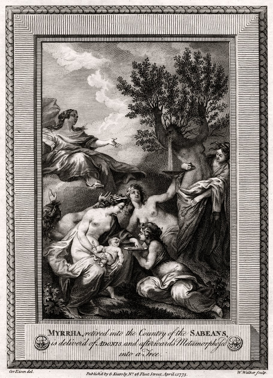 Myrrha, trukket tilbake til Sabeernes land, blir levert av Adonis..., 1775 av W. Walker