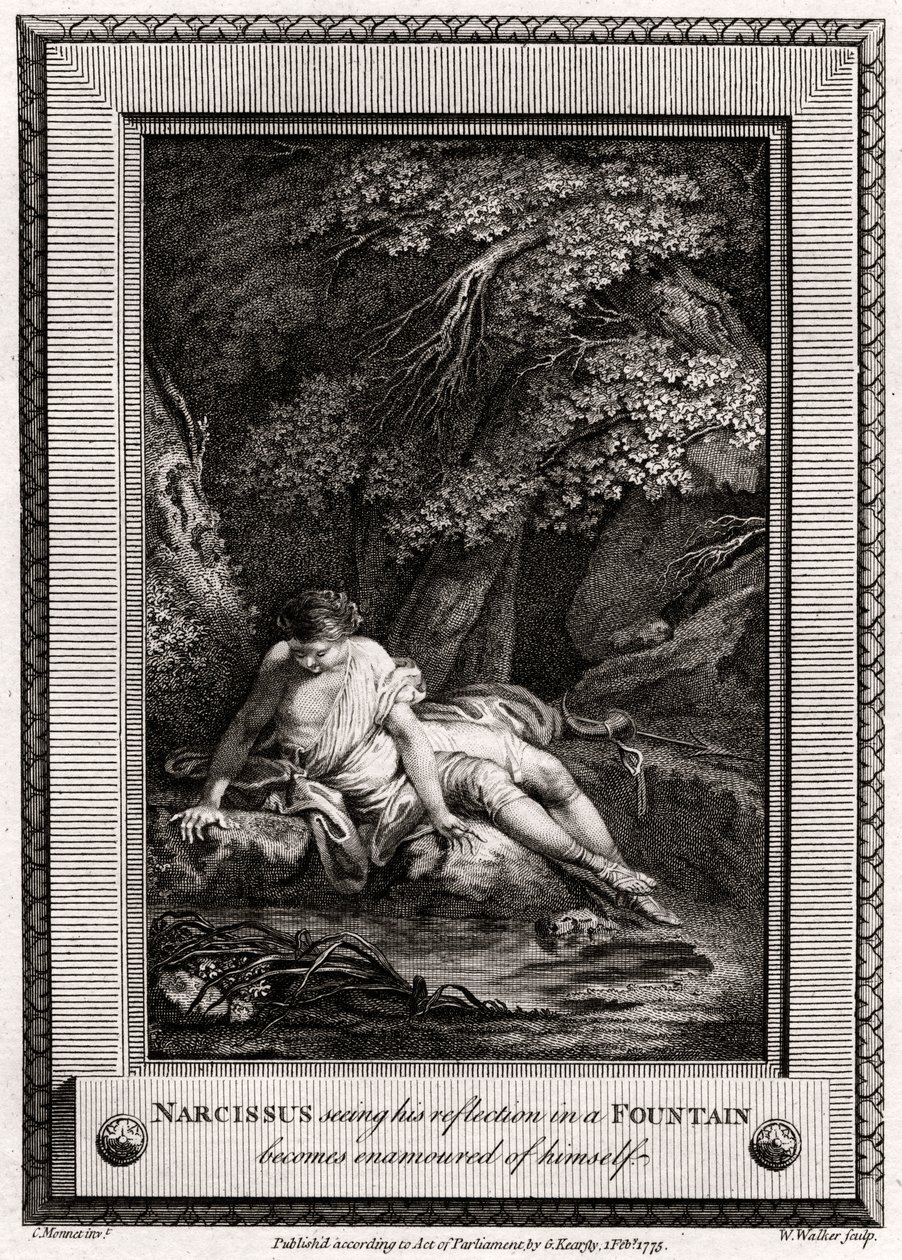 Narcissus som ser sin refleksjon i en fontene blir forelsket i seg selv, 1775 av W. Walker