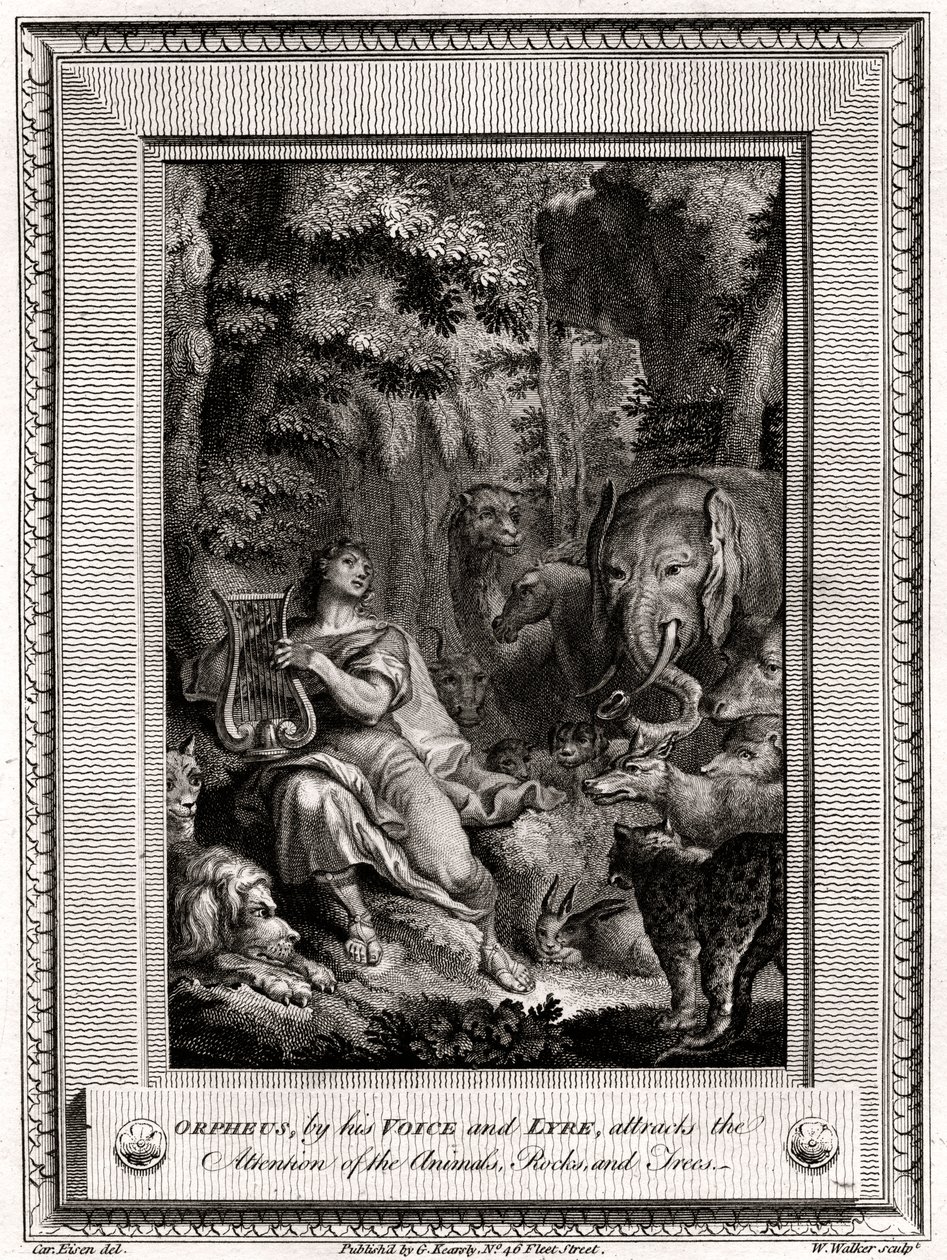 Orpheus, ved sin stemme og lyre, tiltrekker seg oppmerksomheten til Animals, Rocks and Trees, 1774. av W. Walker