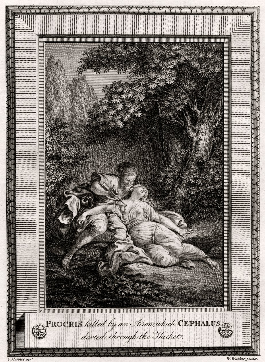Procris drept av en pil som Cephalus sprang gjennom kratt, 1775 av W. Walker