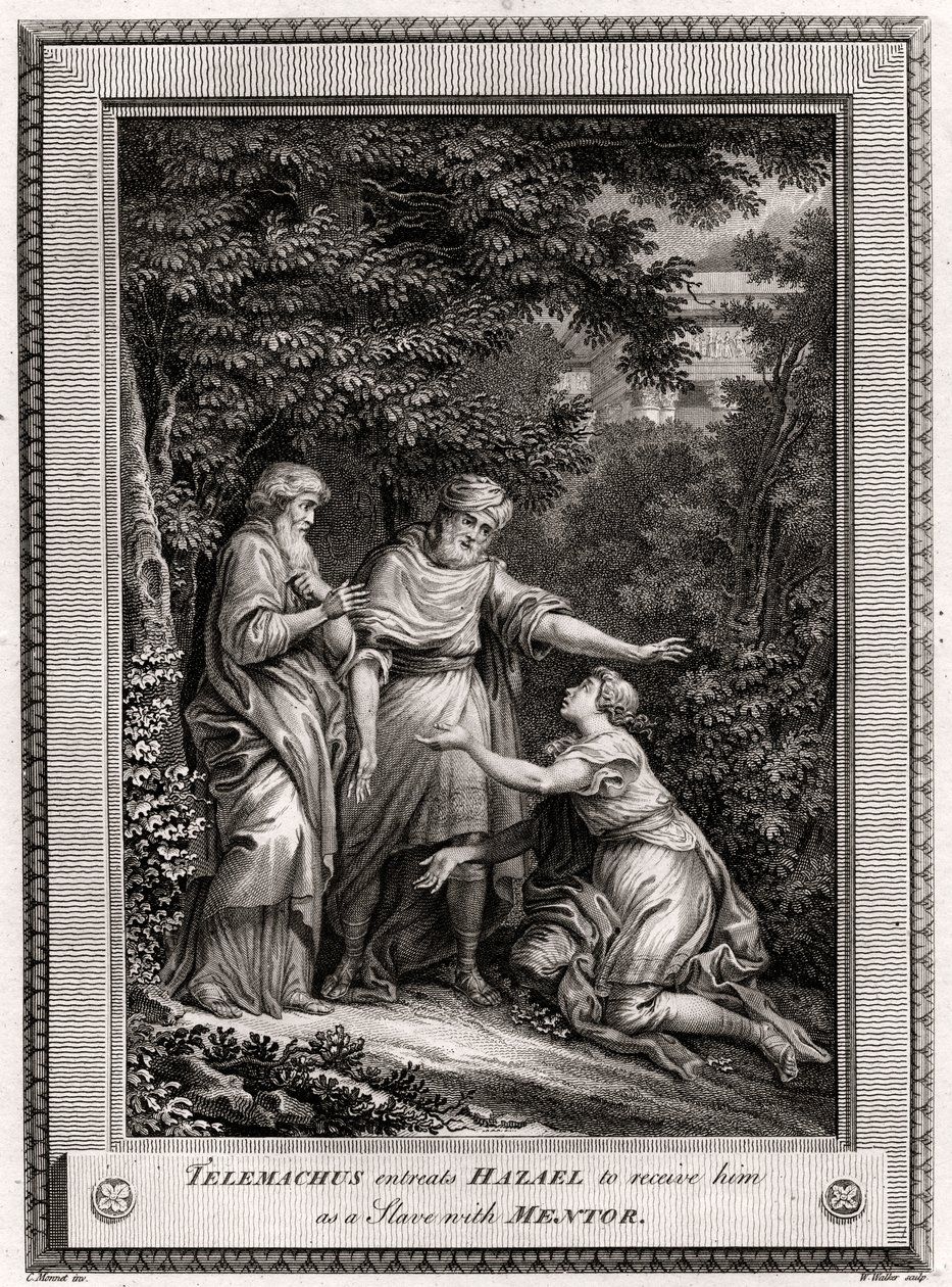Telemachus ber Hazael om å motta ham som en slave med mentor, 1775 av W. Walker