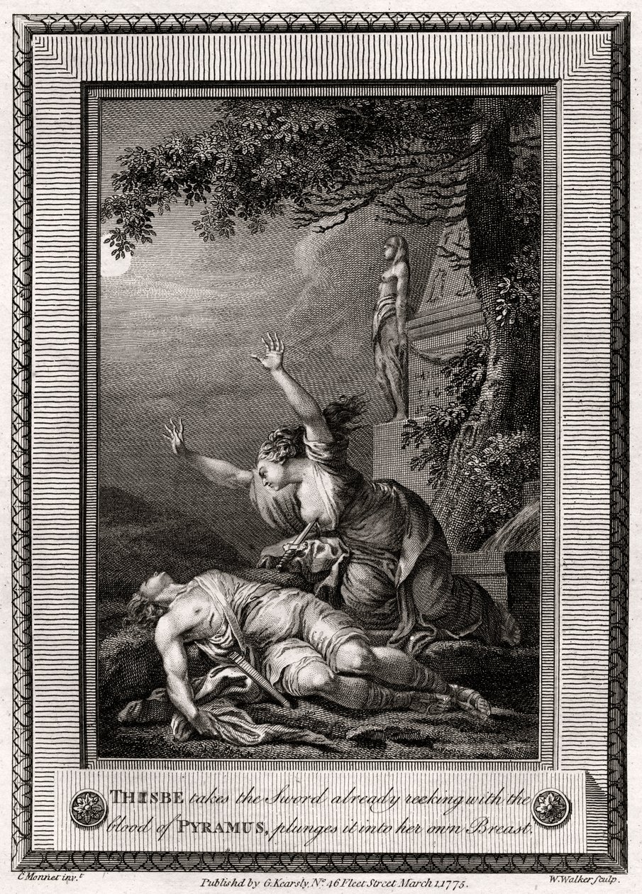 Thisbe tar sverdet som allerede lukter av Pyramus blod, kaster det inn i..., 1775. av W. Walker