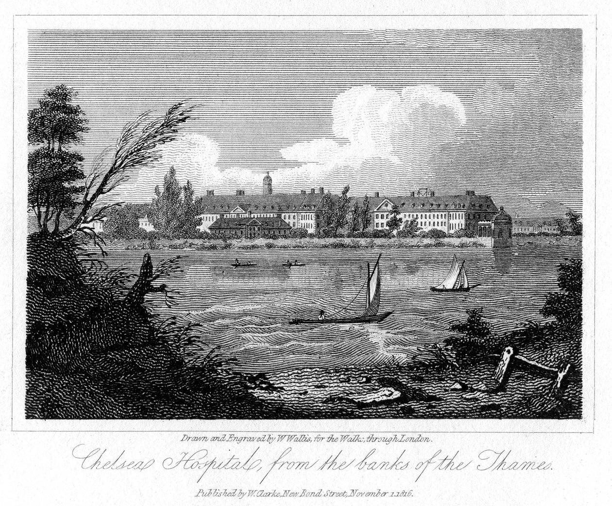 Chelsea Hospital, fra Banks of the Thames, London, 1816. av W. Wallis