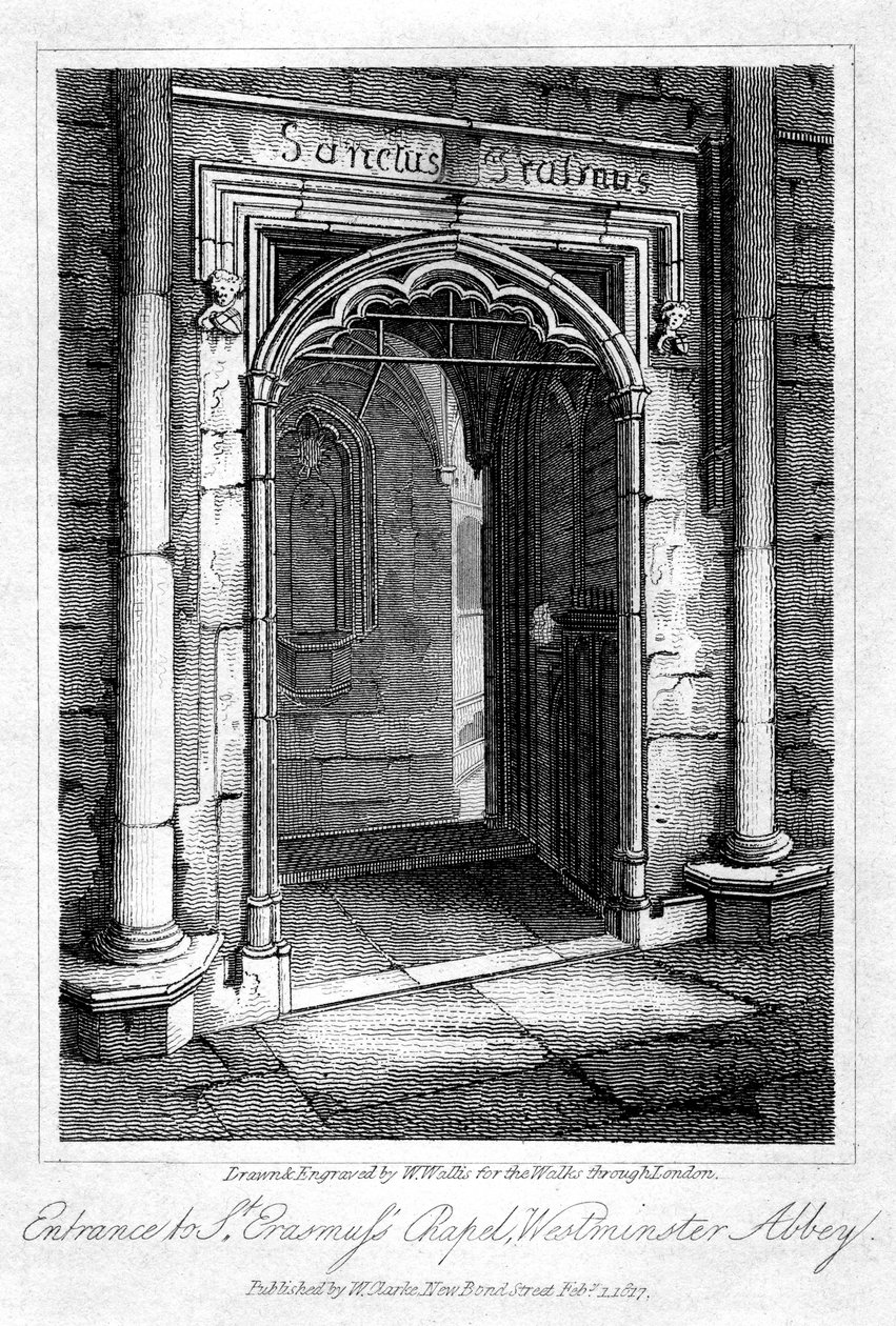 Inngang til St Erasmus Chapel, Westminster Abbey, London, 1817. av W. Wallis