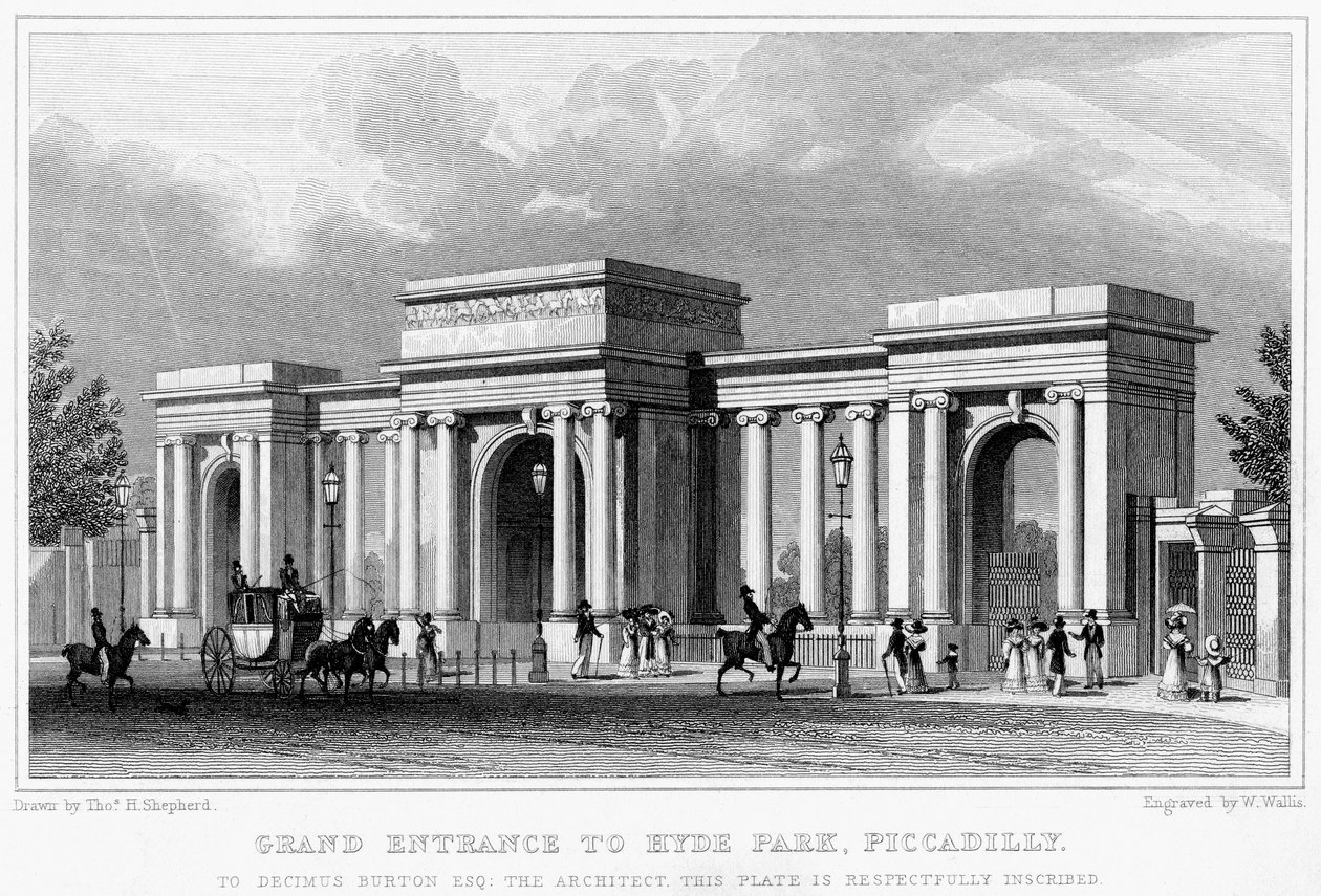 Storslått inngang til Hyde Park, Piccadilly, Westminster, London, 1800-tallet. av W. Wallis