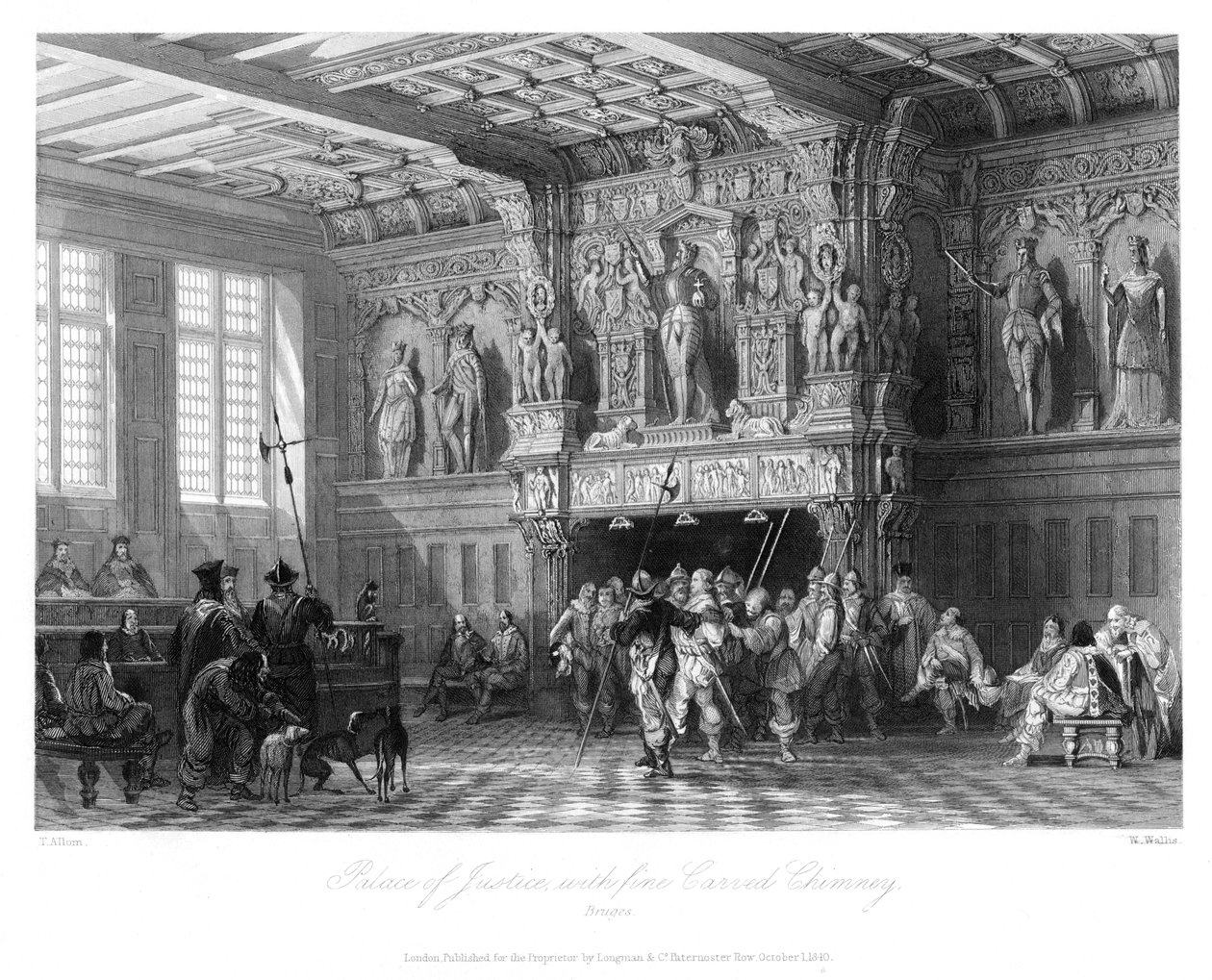Justispalasset, med fin utskåret skorstein, Brugge, 1840 av W. Wallis
