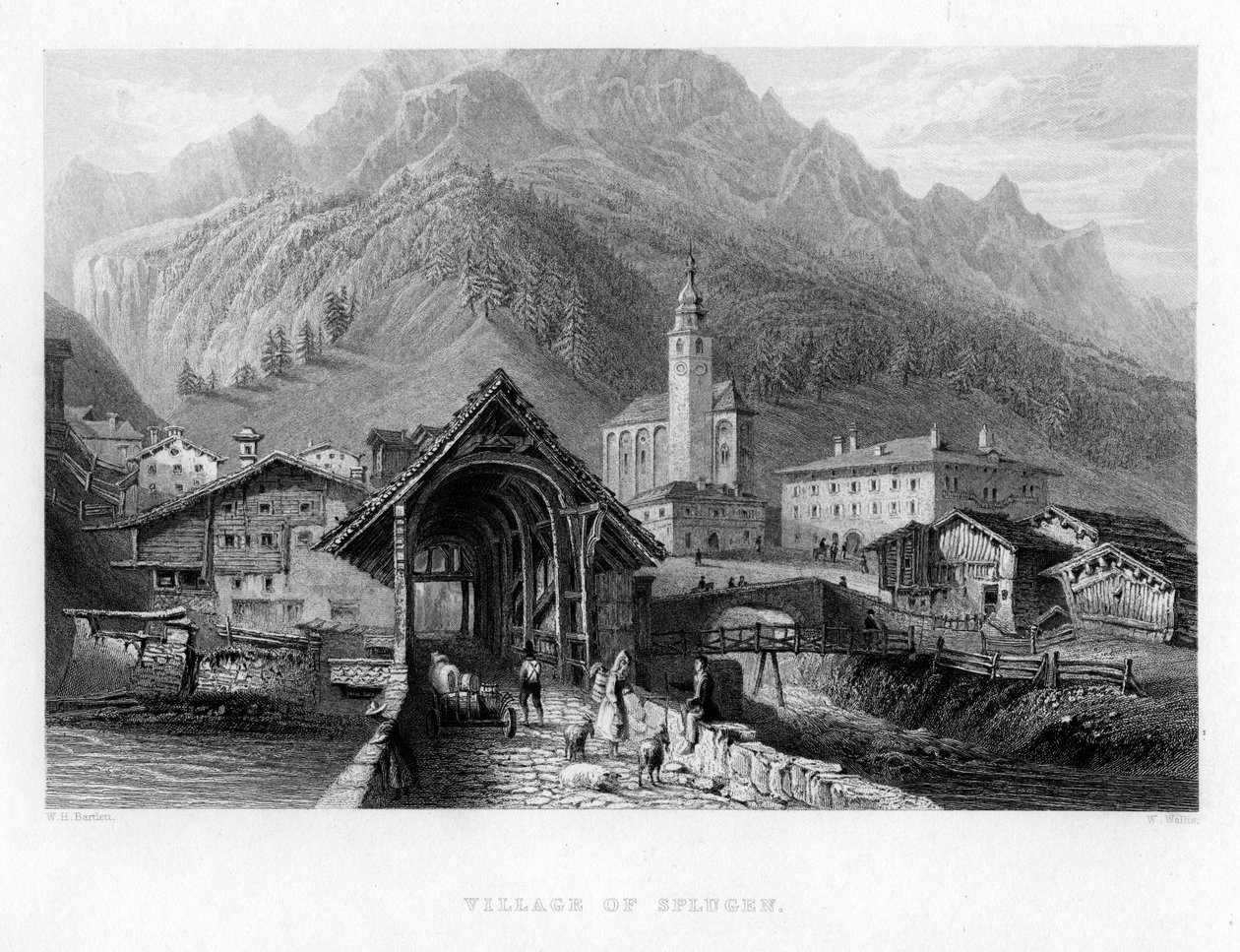 Landsbyen Splugen, Sveits, 1834 av W. Wallis