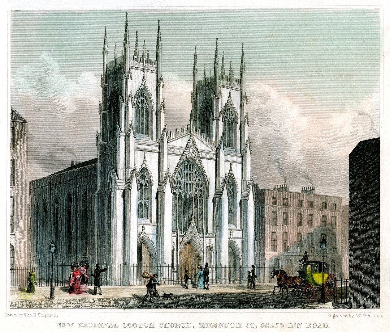 New National Scotch Church, Sidmouth Street og Grays Inn Road, London, 1829. av W Watkins