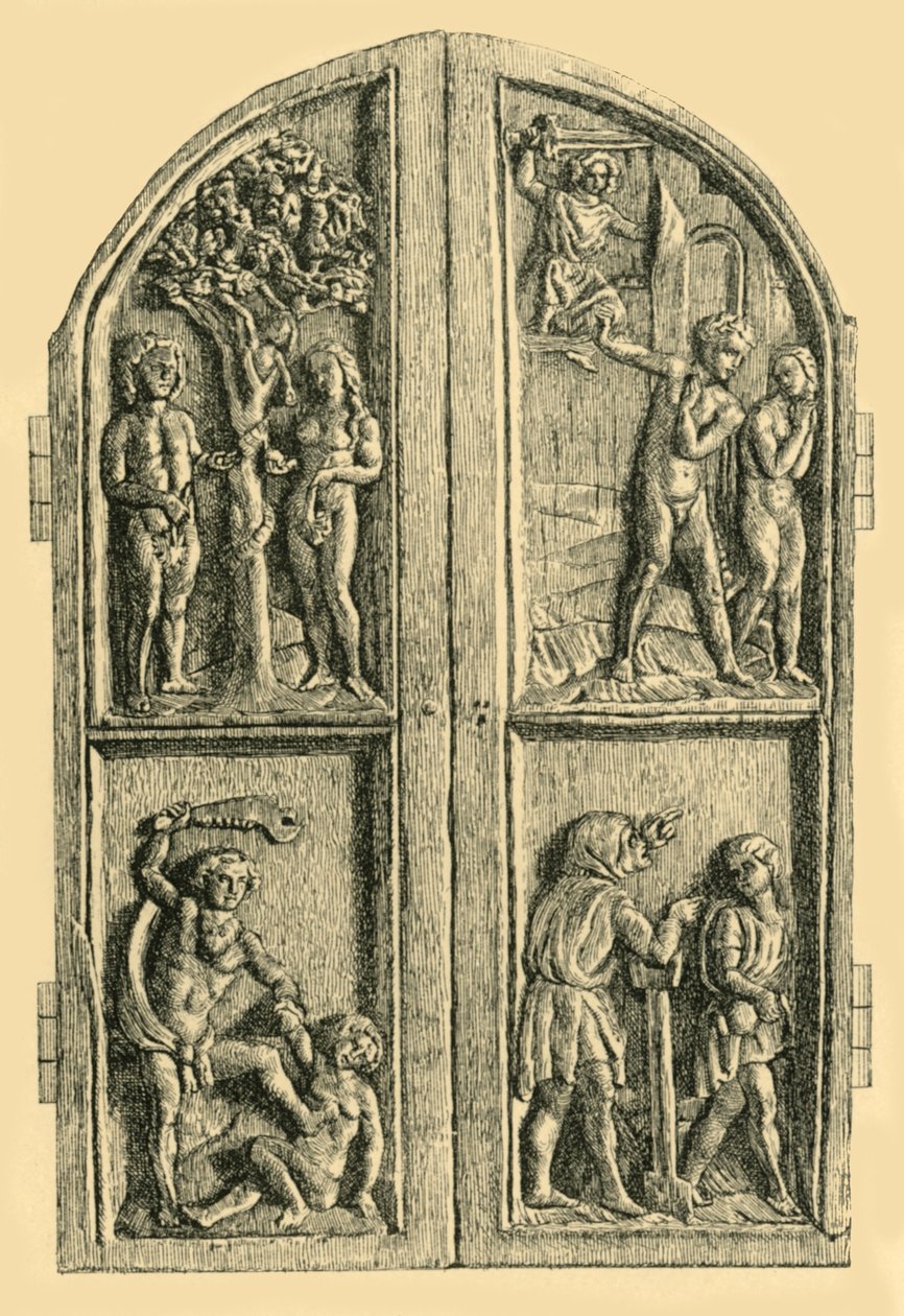 Diptyk i tre med scener fra 1. Mosebok, midten av 1800-tallet, 1881. av W. Wise