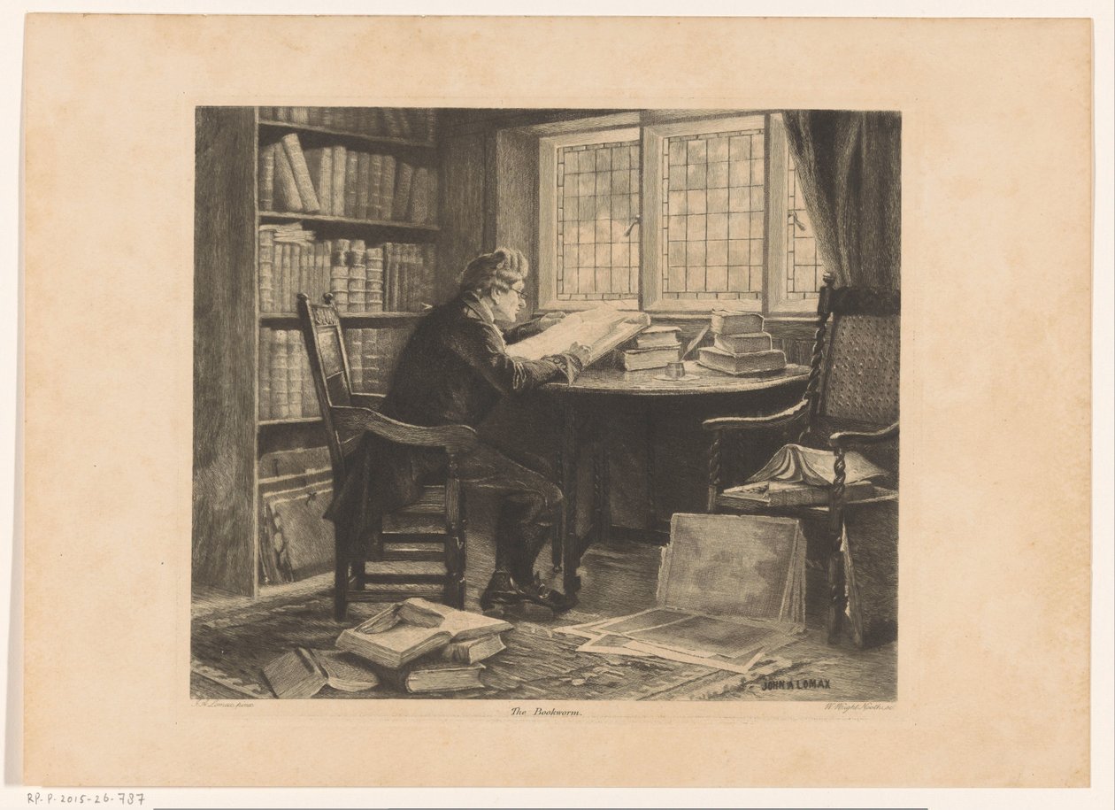 Mann som leser foran studierommet sitt Bokormen (tittel på objekt) av W. Wright Nooth