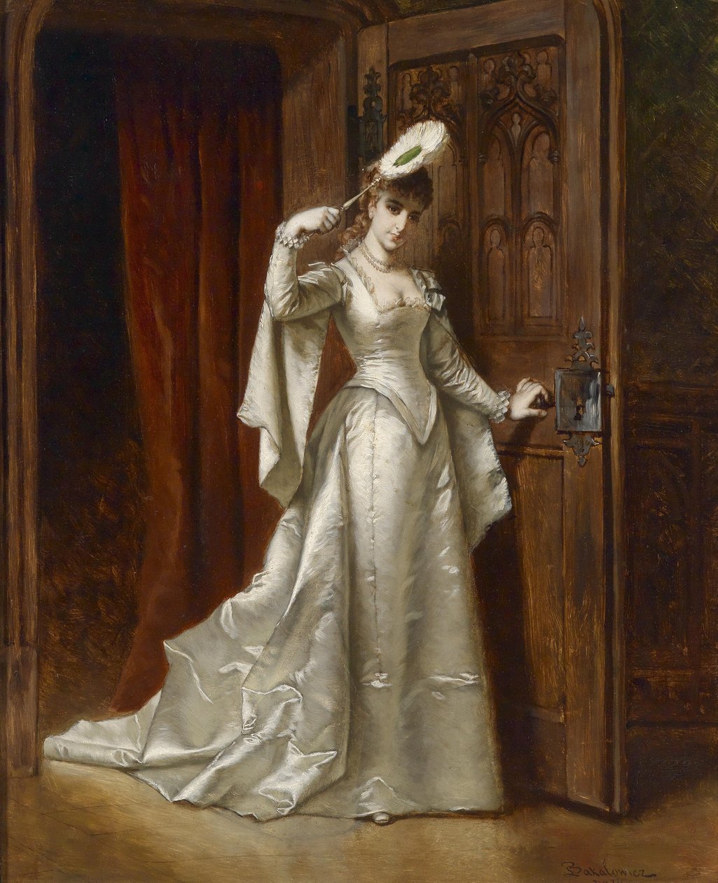 Elegant dame i hvit damastkjole av Władysław Bakałowicz