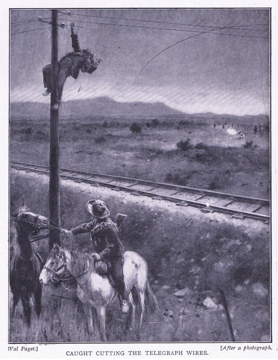 Tatt i å kutte ledningene, illustrasjon fra After Pretoria: The Guerilla War, 1902 av Wal Paget