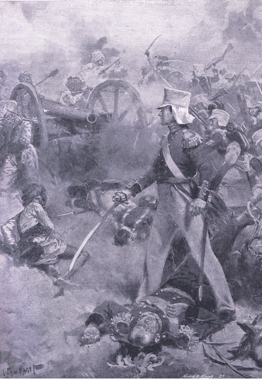 Chilianwala, 13. januar 1849: Kroppen til Pennycuick bevoktet av sønnen hans, illustrasjon fra British Battles on Land and Sea, 1915 av Wal Paget
