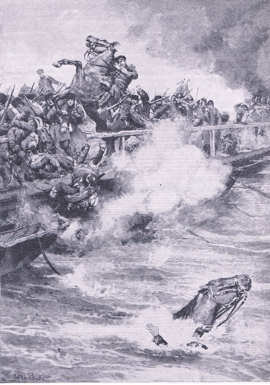 Sevastopol: Retreatet over broen av båter, illustrasjon fra British Battles on Land and Sea, 1915 av Wal Paget