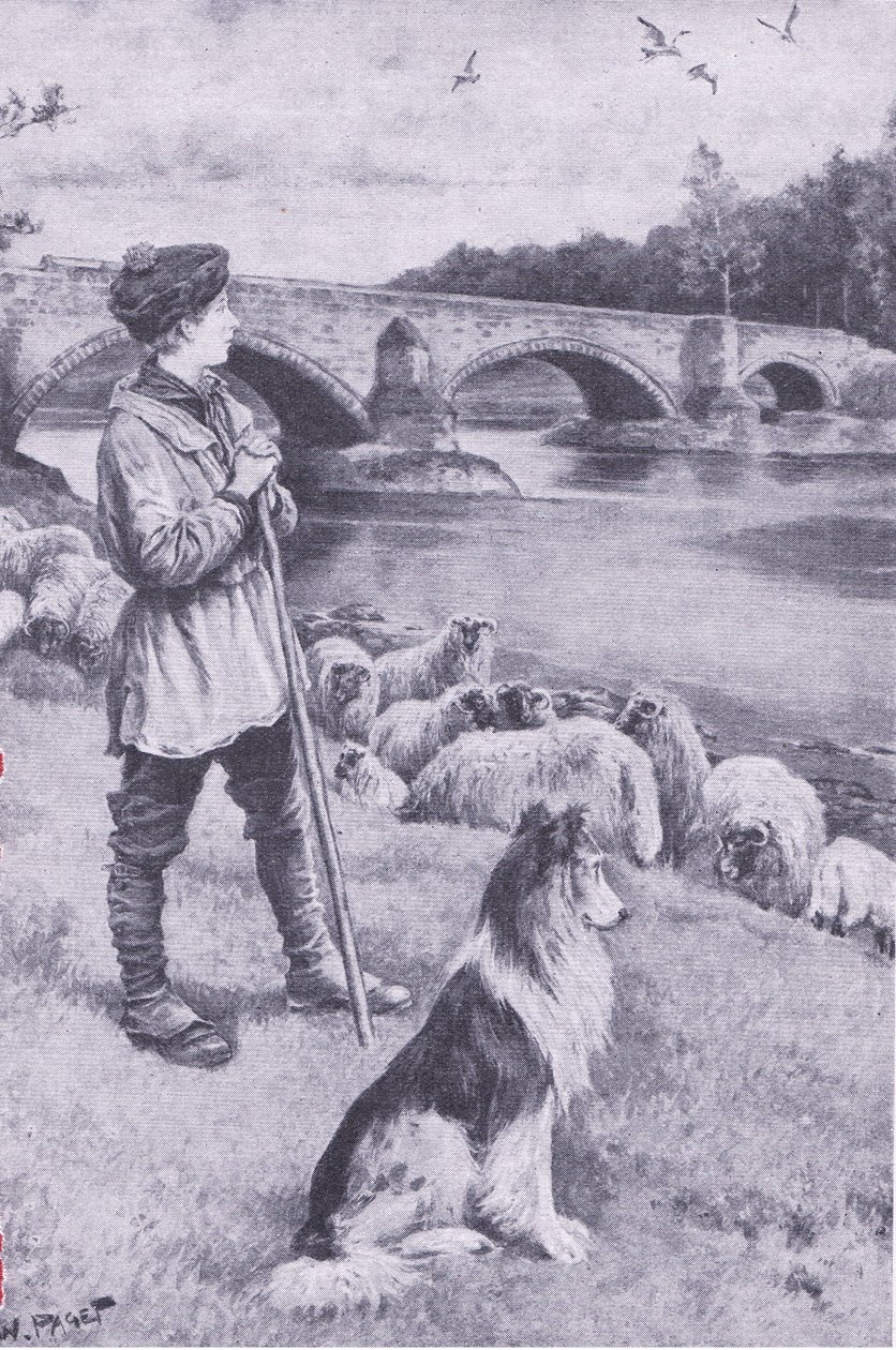 Synet av den gamle romerske broen ved Musselburgh vekker fantasien til gjetergutten John Rennie, fra My Magazine, pub.1922 (litho) av Wal Paget