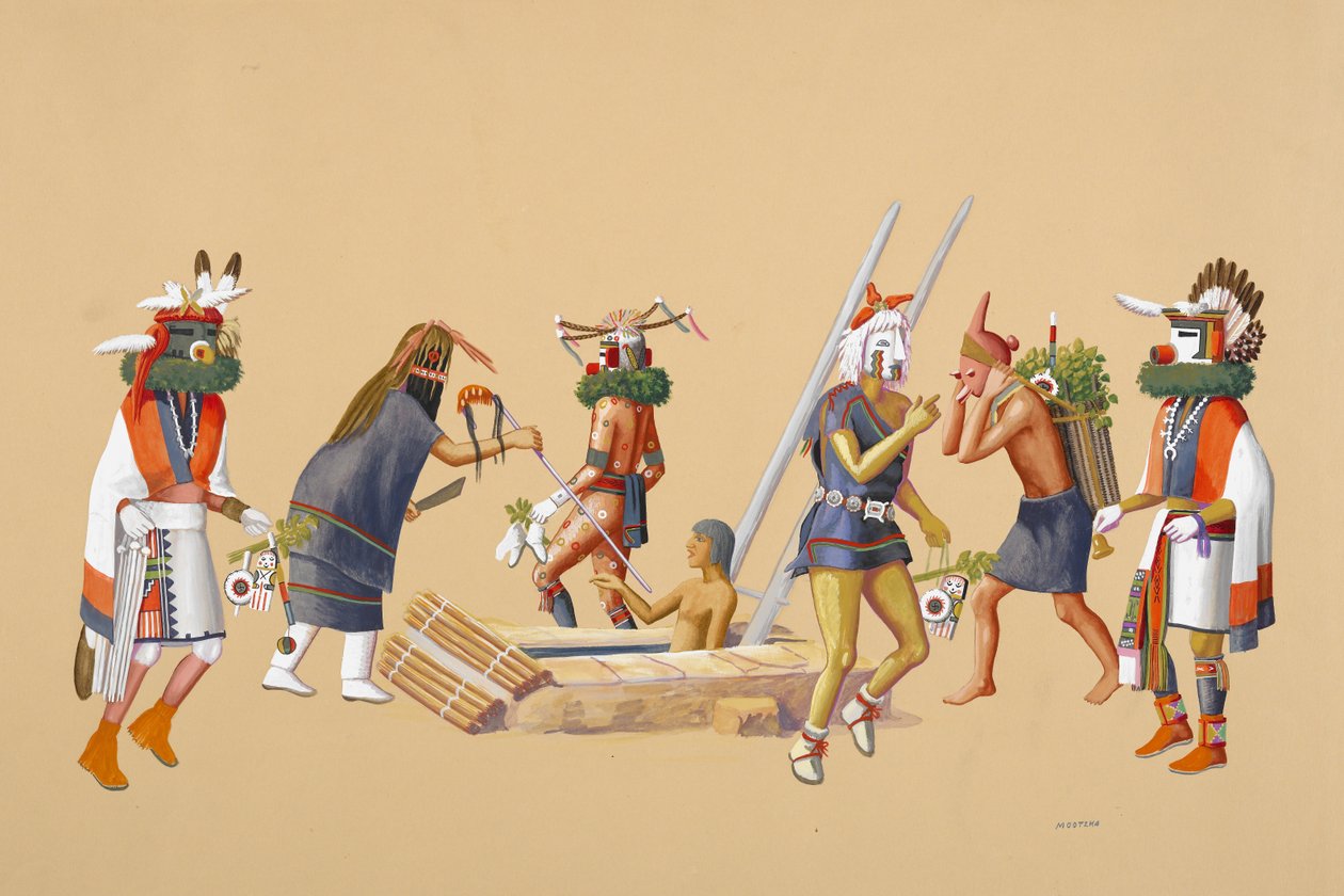 Powamu-seremoni, 1930-40 (tempera på buffvevd papir) av Waldo Mootzka
