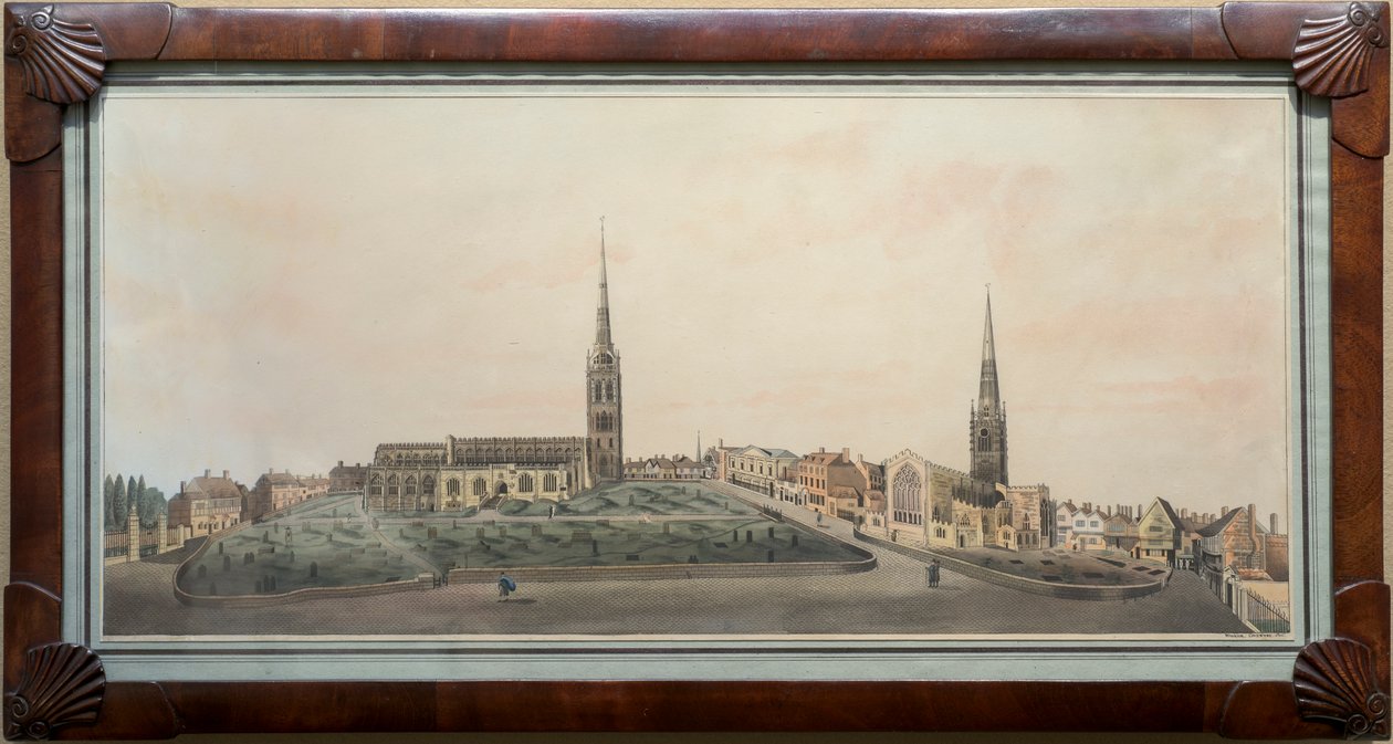 En panoramautsikt over byen Coventry (wc med penn og blekk på papir) av Walker