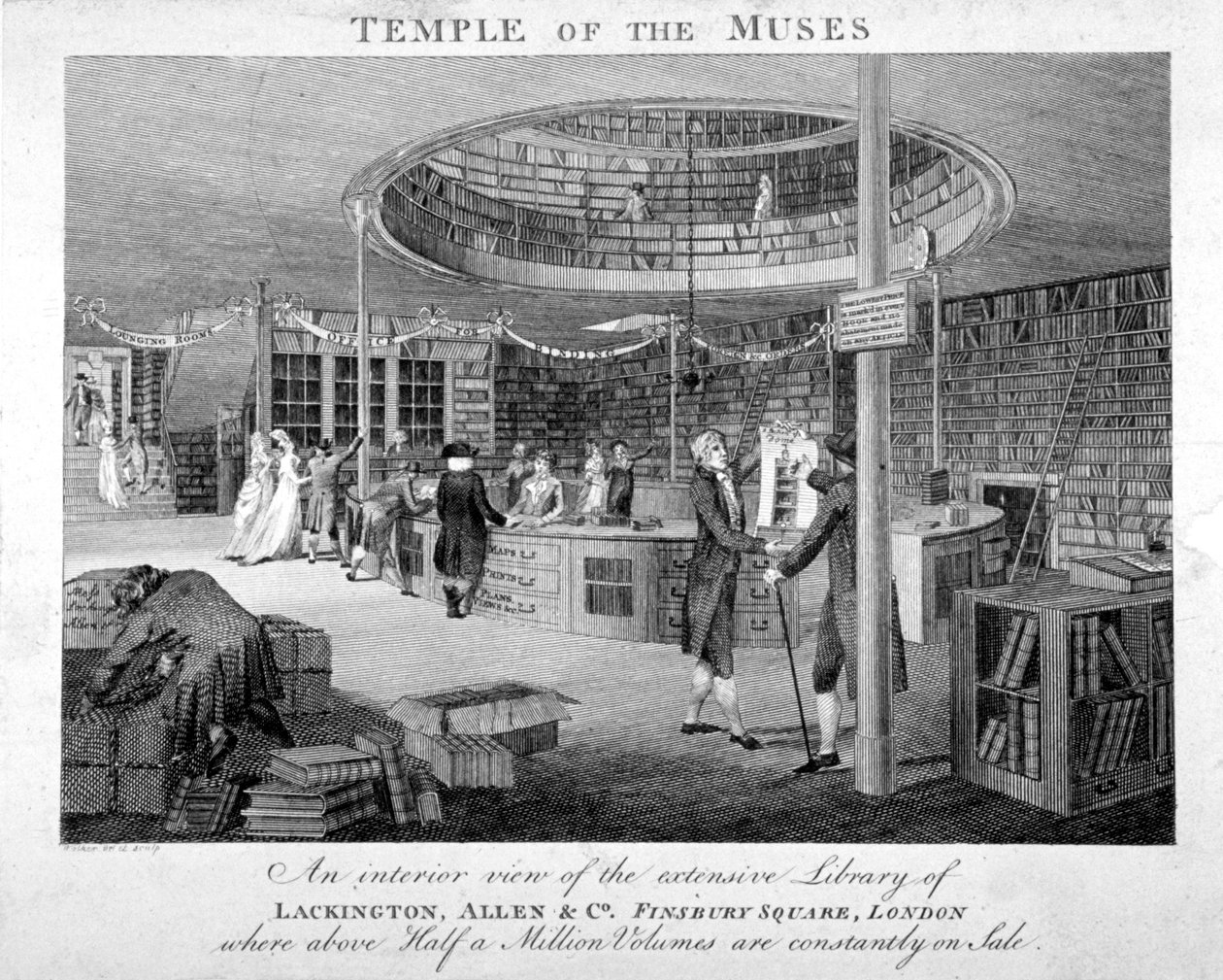 The Temple of the Muses Bookshop på Finsbury Square, London, c1810. av Walker
