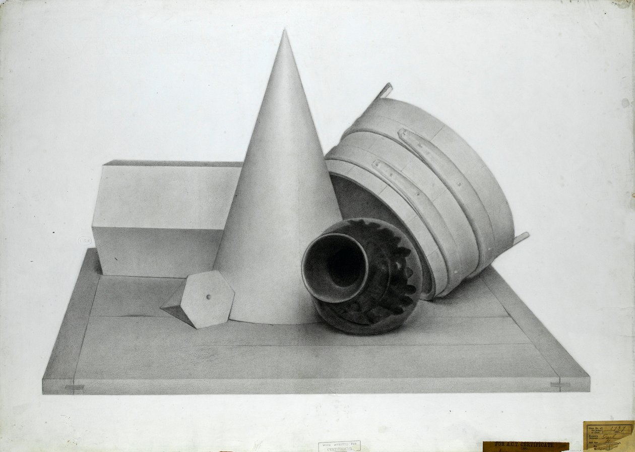 Stilleben med geometriske modeller og en vase av Walter Bonner Gash