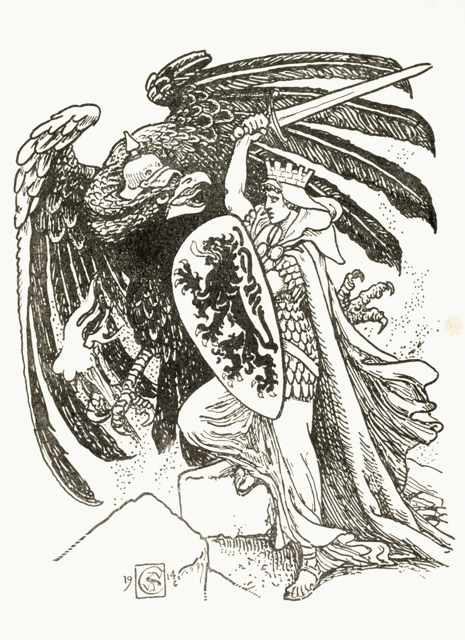 En belgisk kriger som kjemper med en tysk ørn, 1915 av Walter Crane